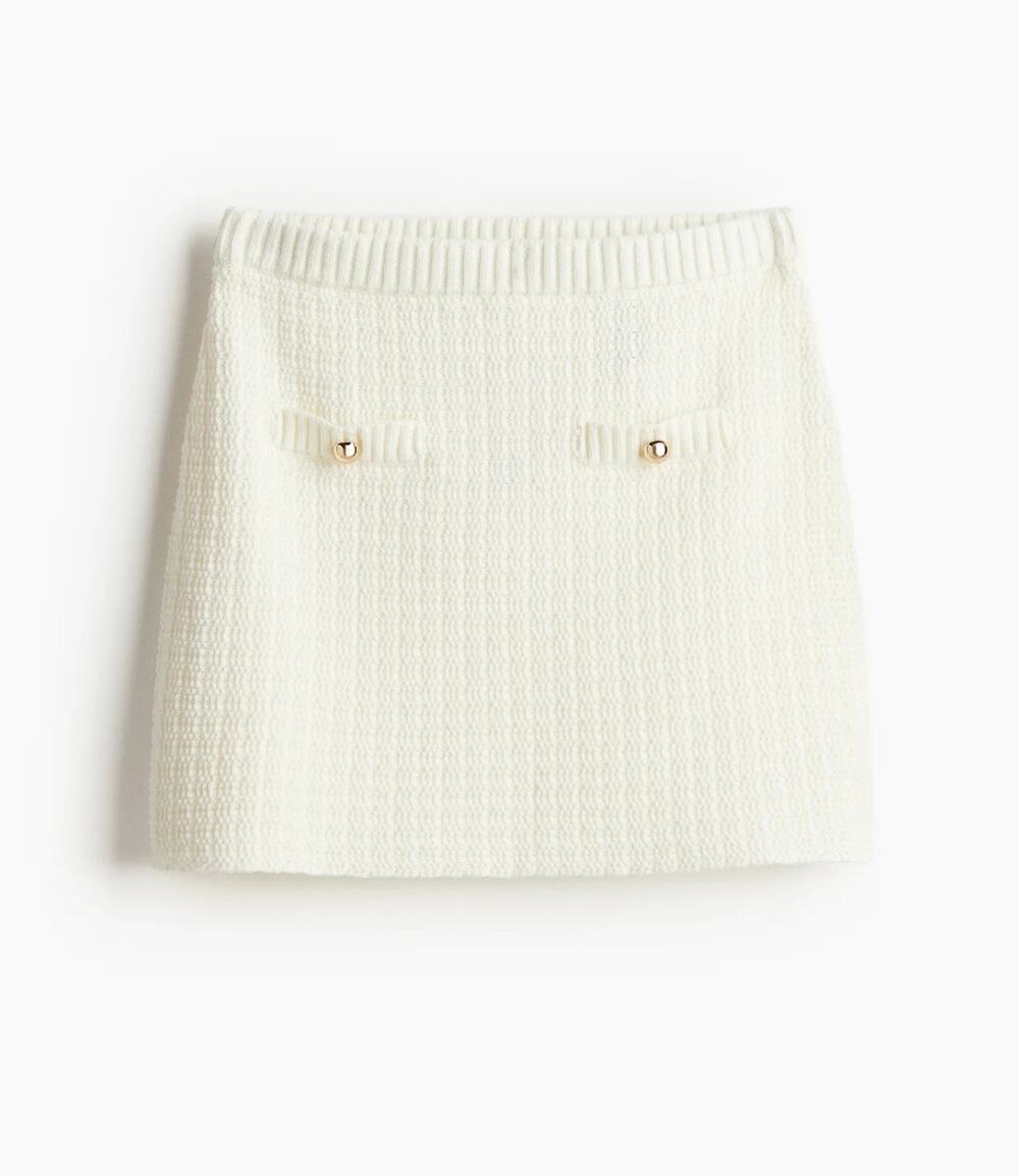 H&M Cream White Knit Mini Skirt Women Size S Button Pocket Preppy Chic Capsule